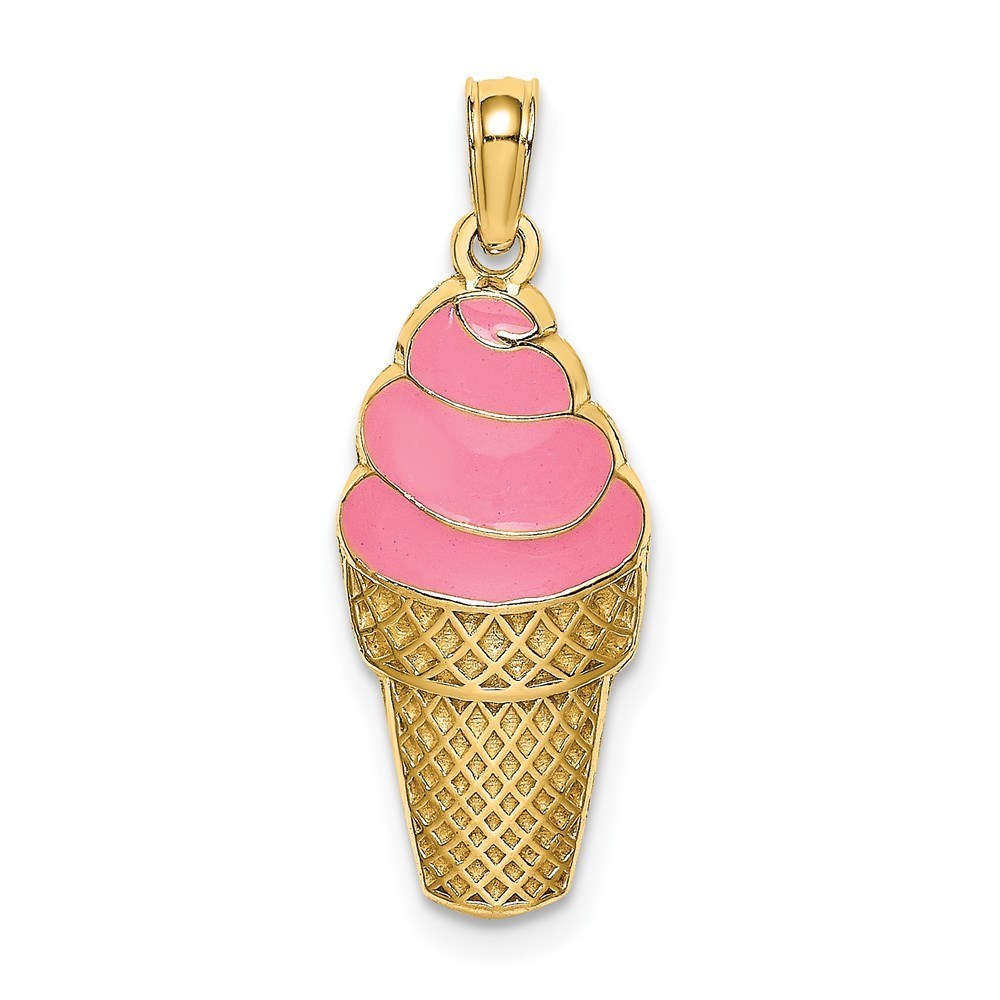14k Yellow Gold Pink Enameled Strawberry Ice Cream Cone Necklace Charm Pendant